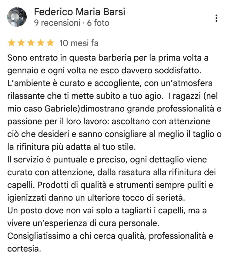 Recensione Google di Federico Maria Barsi su Kapital Barberia Sartoriale